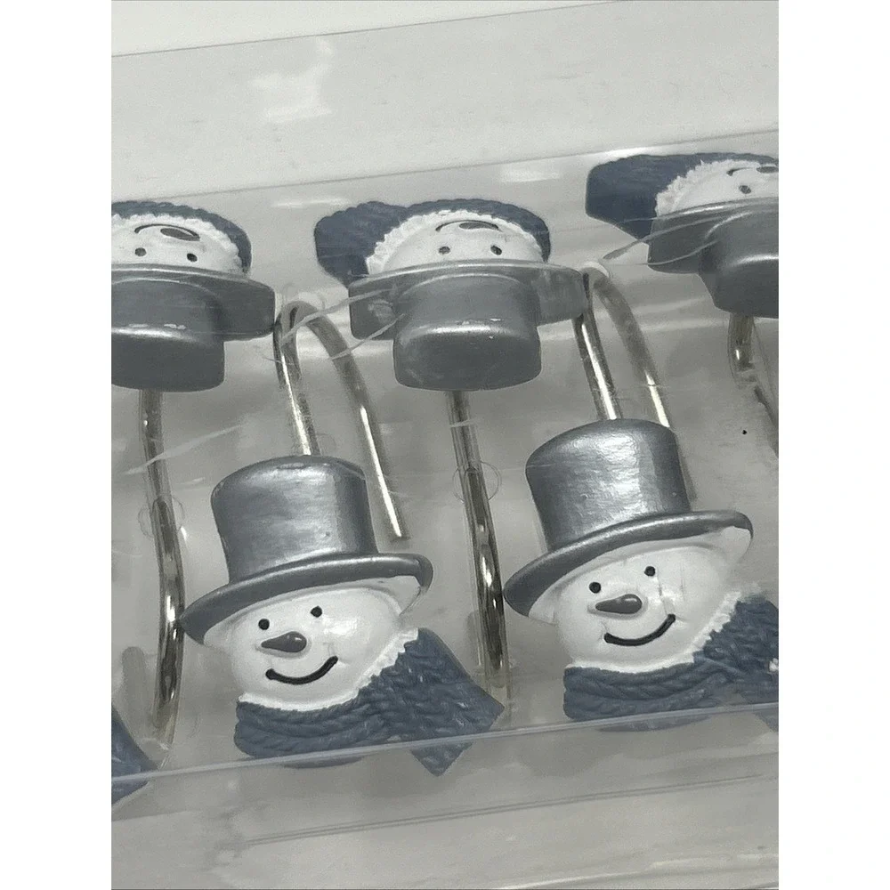 NIB Winter Snowman Shower Curtain Hooks Silver Top Hat & Gray Scarf